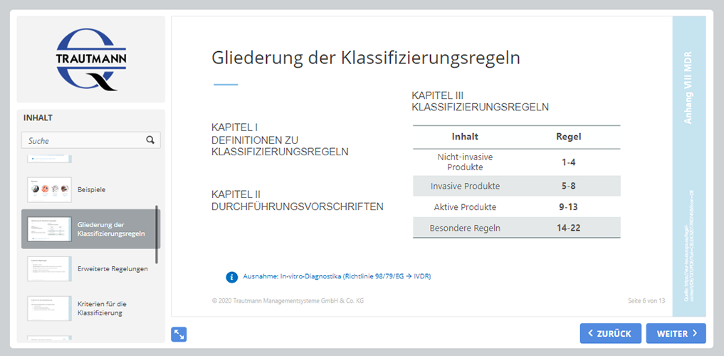 Gliederung der Klassifizierungsregeln - Online Schulung MDR