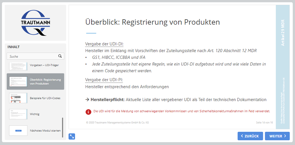 Überblick: Registrierung von Produkten - Online Schulung MDR