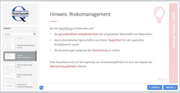 Hinweis: Risikomanagement - Online Schulung Hersteller von Sonderanfertigungen